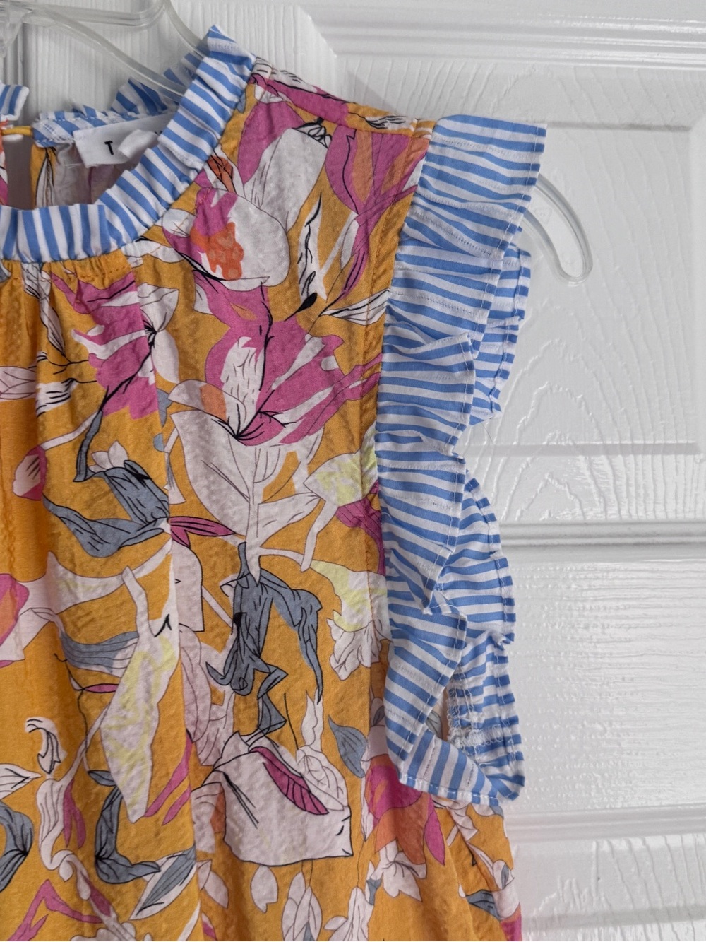 THML Mixed Print Ruffle Sleeve Blouse, Floral & Stripe Sleeveless Top - Picture 5 of 13